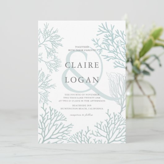 Koraalrif licht turquoise blauw strand bruiloft kaart (Staand voorkant)