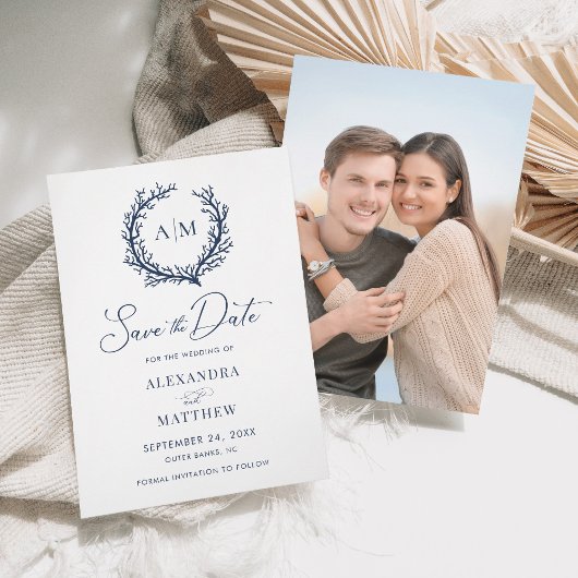 Koraalrif Navy Blue Nautical Beach Weddenschap Save The Date