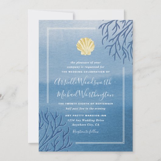 Koraalrif Seashell Beach Wedding Invitations Kaart (Voorkant)