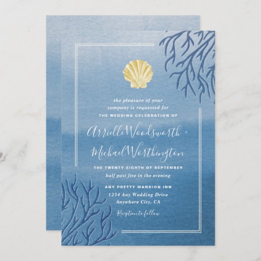 Koraalrif Seashell Beach Wedding Invitations Kaart (Voorkant / Achterkant)