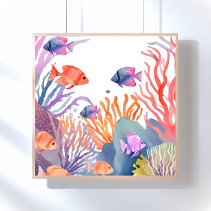 Koraalrif Waterverf Kleurrijke Vissen Oceaan Poster