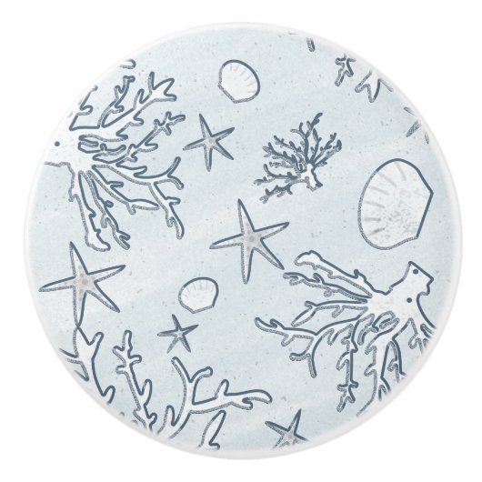 Koraalrif & zeeschelpen Strand Blauw Grijs Keramische Knop (Voorkant)