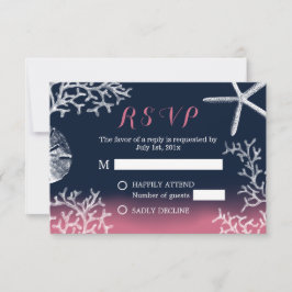 Koraalrif Zeester Navy Roze Strand Bruiloft RSVP Kaartje