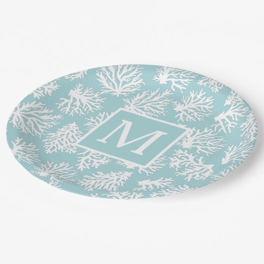 Koraalriffen zomerkustmonogram buiten papieren bordje (Gekanteld)