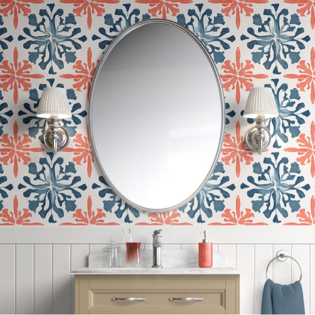 Koraalrifsymfonie - Blauwgroen en koraal - Kust Behang (Coastal Bloom Peel and Stick Wallpaper)