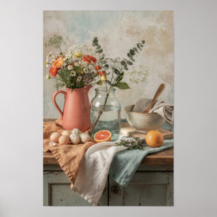 Koraalrode bloempot, Wilde Bloemen, en Citrusvruch Poster