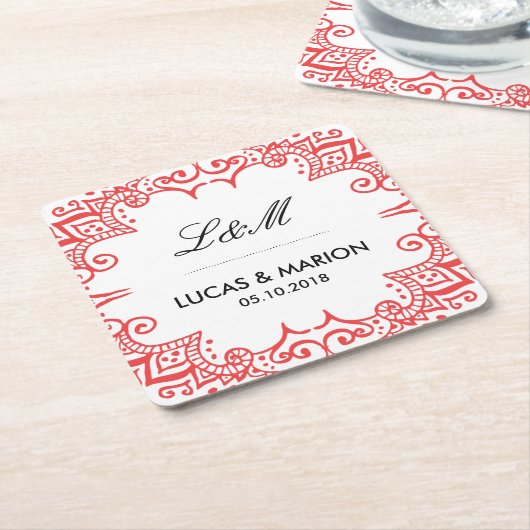 Koraalrode Floral wervelkolom Deco Art Weddenschap Kartonnen Onderzetters (Schuin)