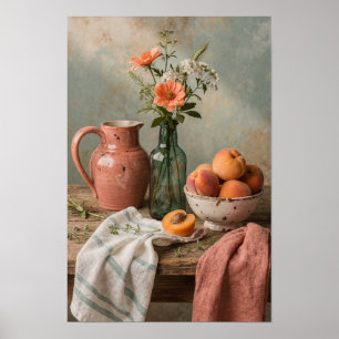 Koraalrode kan en abrikozen op een tafel poster