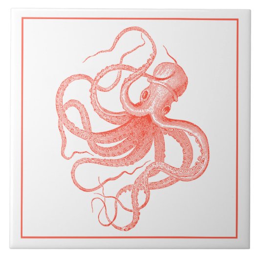 Koraalrode nautische octopus tegeltje (Voorkant)