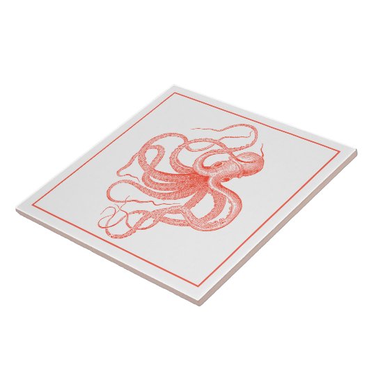 Koraalrode  nautische octopus tegeltje (Zijkant)