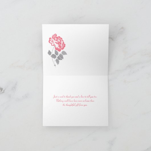 Koraalrode Pioen op Wit met Grijs Bedankkaart (Binnen)