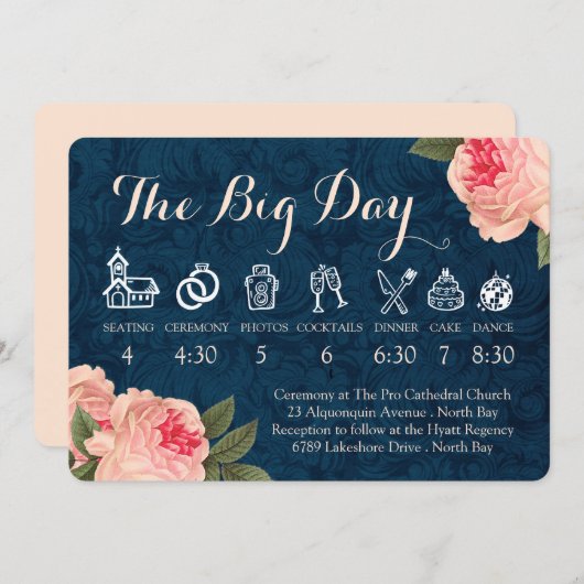 Koraalrode Pioenrozen en Marine Huwelijkstijdlijn Programmakaart (Voorkant / Achterkant)