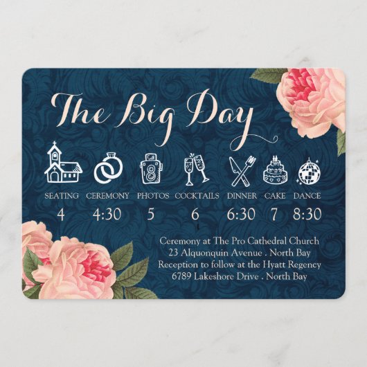 Koraalrode Pioenrozen en Marinebruiloft Tijdlijn Programmakaart (Voorkant)