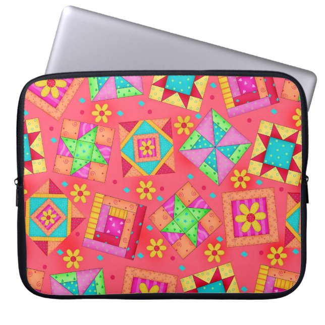 Koraalrode quilt Block Art-laptophoes Laptop Sleeve (Voorkant)
