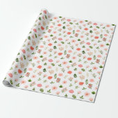 Koraalrode rozen en bladpatroon cadeaupapier (Uitgerold)