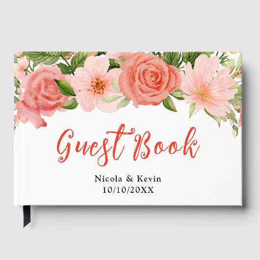 Koraalrode rozen met bladgroen gastenboek (Voorkant)