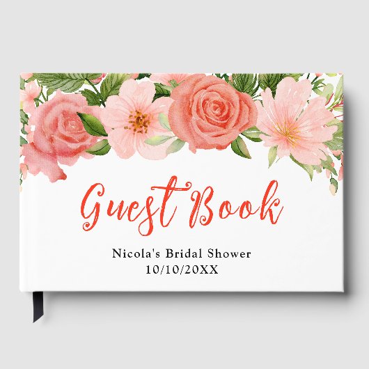 Koraalrode rozen met gebladerte bruidsdouche gastenboek (Voorkant)