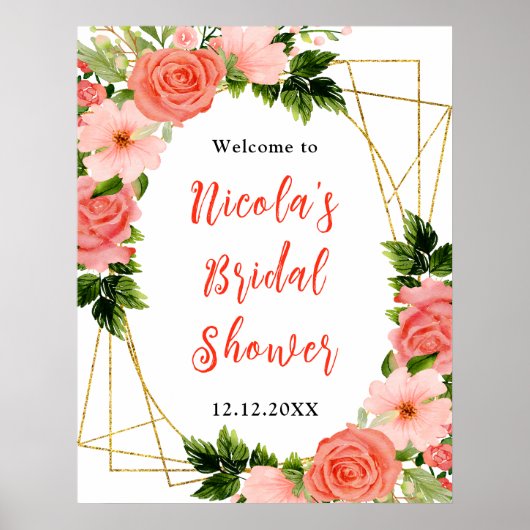 Koraalrode rozen met gebladerte bruidsdouche welko poster (Voorkant)