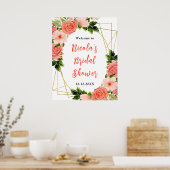 Koraalrode rozen met gebladerte bruidsdouche welko poster (Keuken)