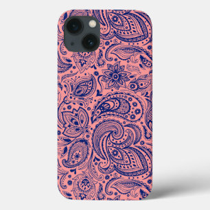Koraalrood & blauw  bloemmotief Paisley iPhone 13 Hoesje