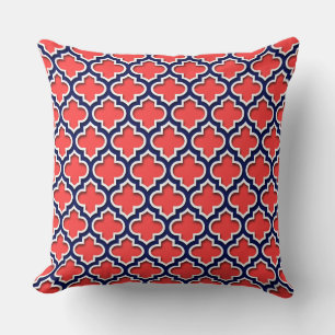 Koraalrood, Navy Wit Marokkaans Quatrefoil #5DS Kussen