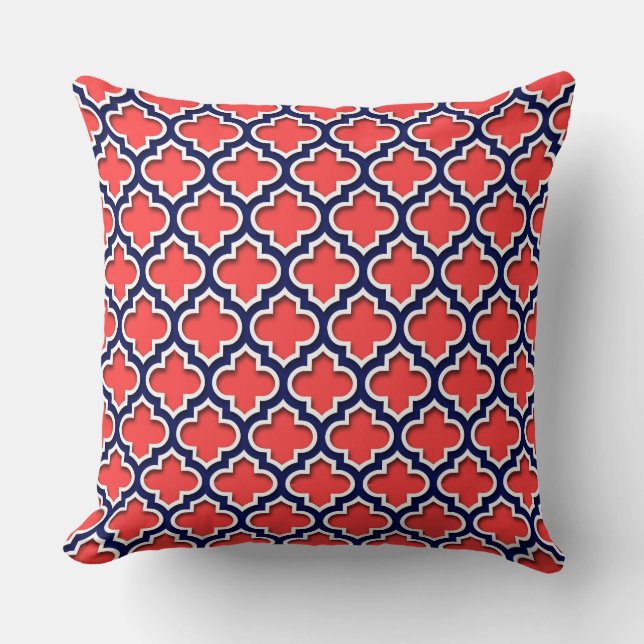 Koraalrood, Navy Wit Marokkaans Quatrefoil #5DS Kussen (Voorkant)
