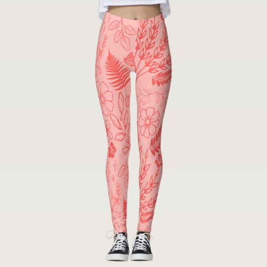 Koraalrood Tropisch Bloempatroon  Leggings (Voorkant)