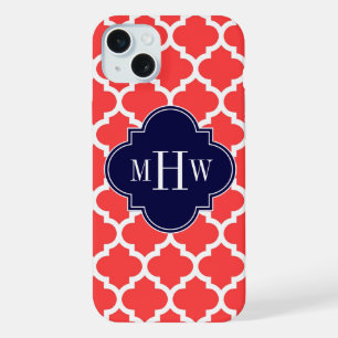 Koraalrood Wht Marokkaans #5 Navy 3 Initieel Monog iPhone 15 Plus Case