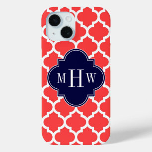 Koraalrood Wht Marokkaans #5 Navy 3 Initiele Monog iPhone 15 Case