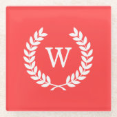 Koraalrood Wht Wheat Laurel Wreater Initiaal Monog Glazen Onderzetter (Voorkant)