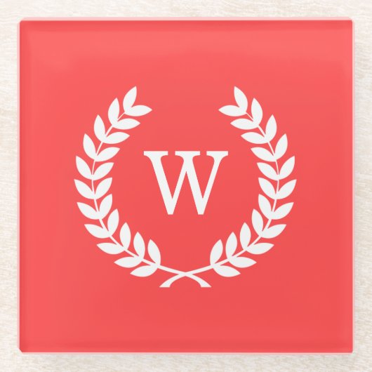 Koraalrood Wht Wheat Laurel Wreater Initiaal Monog Glazen Onderzetter (Voorkant)