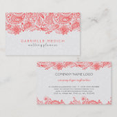 Koraalrood & wit bloemig Paisley Kant Visitekaartje (Voorkant / Achterkant)