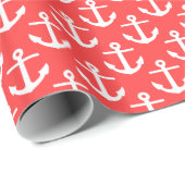 Koraalrood wit scheepvaart ankerpatroon cadeaupapier (Rol Hoek)
