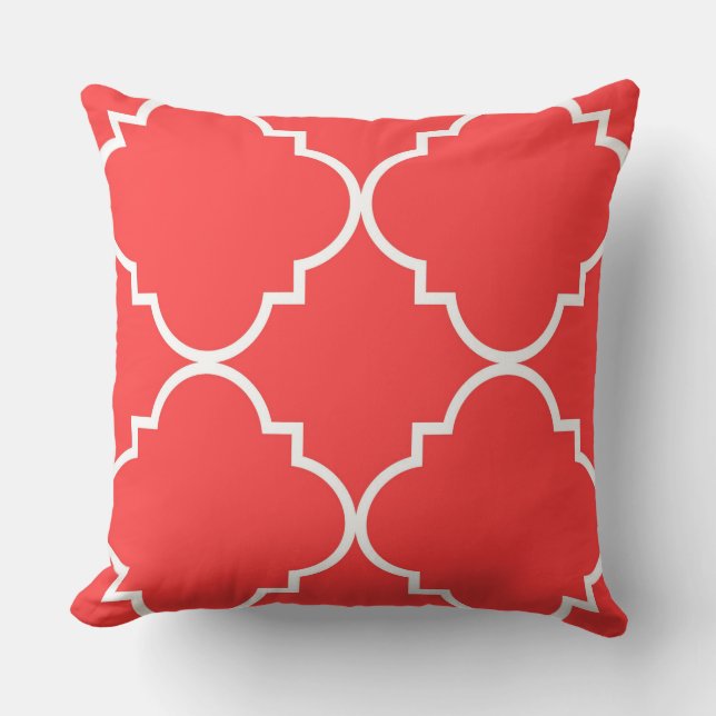 Koraalrood Witte Grote Quatrefoil Patroon Kussen (Voorkant)