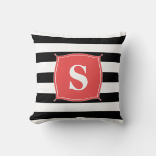 Koraalrood & Zwart Monogram Gestreept Worpkussen Kussen