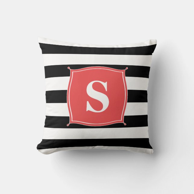 Koraalrood & Zwarte Monogram Strepen | Kussen (Voorkant)