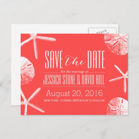 Koraalroodbaars en zanddollar sparen de datum aankondigingskaart (Voorkant / Achterkant)