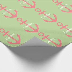 Koraalroze ankers op gepersonaliseerde Mint Green Cadeaupapier