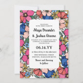 Koraalroze blauwe bloemen zomerbruiloft kaart (Voorkant)