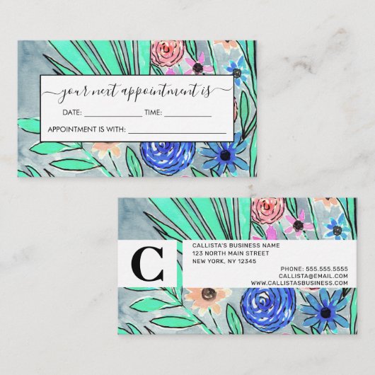 Koraalroze blauwe groene Waterverf ventilatorkunst Afsprakenkaartje (Voorkant / Achterkant)