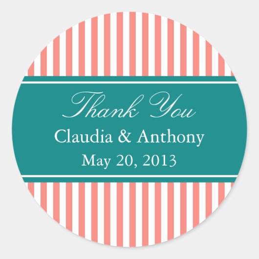 Koraalroze, Blauwgroen en witte strepen Hartelijk  Ronde Sticker (Voorkant)