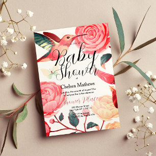 Koraalroze blauwgroen kolibrie Baby shower Kaart