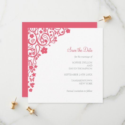 Koraalroze bloem vlinder tuin vierkante trouw save the date (Voorkant / Achterkant in situ)