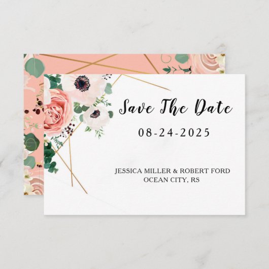 Koraalroze Bloemen Bruiloft Save The Date (Voorkant / Achterkant)