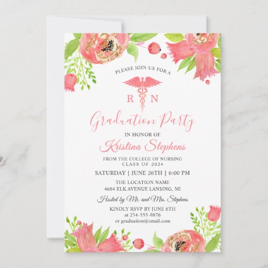 Koraalroze bloemen Verpleegschool GraduPartij Kaart (Voorkant)