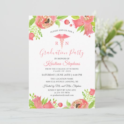 Koraalroze bloemen Verpleegschool GraduPartij Kaart (Staand voorkant)