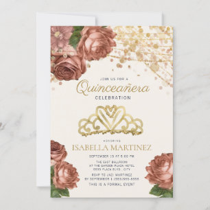 Koraalroze bloemengoud glinsterende Quinceañera-ui Kaart