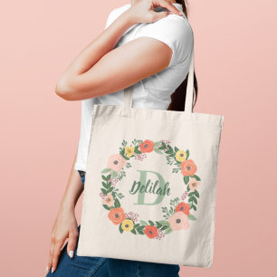 Koraalroze bloemengroen monogramkrans tote bag