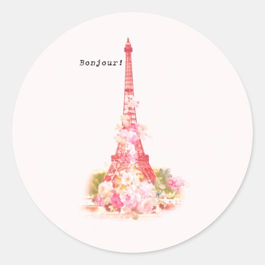  koraalroze bloemetjes Paris Eiffeltoren Ronde Sticker (Voorkant)