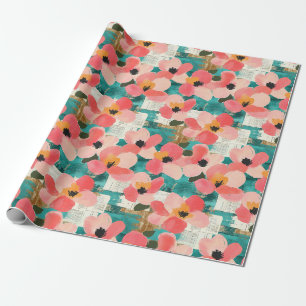 Koraalroze bloemmotief turquoise vintage cadeaupapier